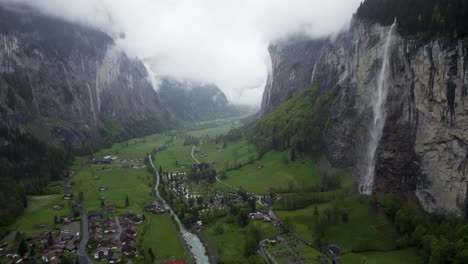 Switzerland-Landscape-of-Lauterbrunnen-Waterfalls-in-Beautiful-Valley,-Aerial