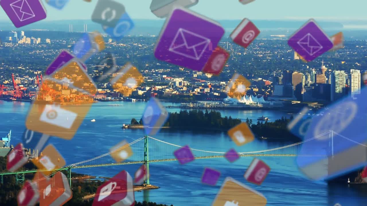 배경 에 도시 풍경 과 함께 떠다니는 다채로운 큐브