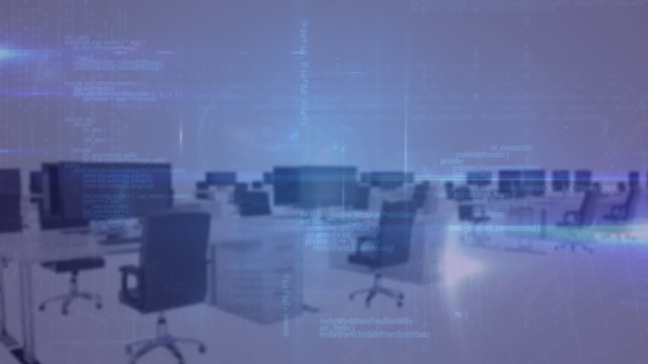 Animation af et netværk af profilikoner, databehandling og blå lyspletter mod et tomt kontor.