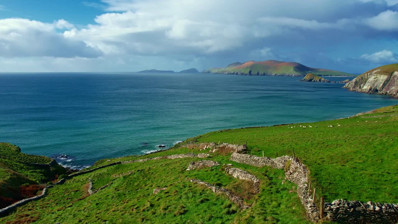 Ireland Epic Locations drone flying over cottage ruins with Blasket Islands Slea Head Drive Dingle Kerry Ireland