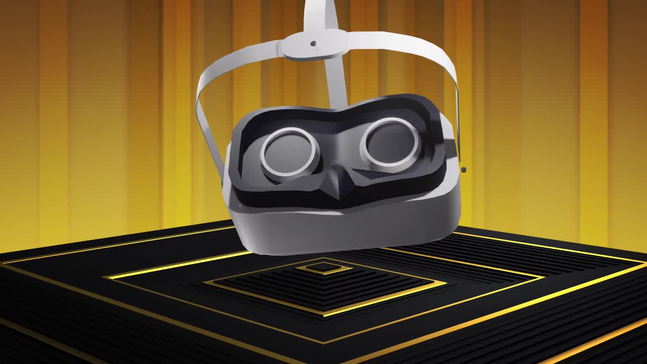 animación de auriculares vr moviéndose sobre el podio negro y dorado sobre fondo dorado