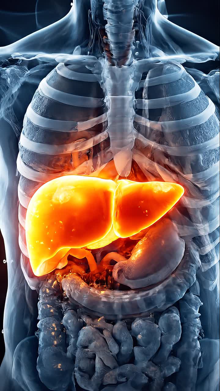 Human body with glowing liver highlighted inside torso showing digestive system organs in advanced medical visualization