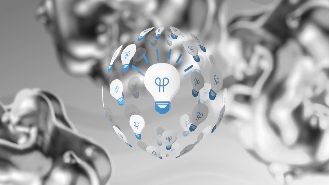 анимация прозрачной сферы с иконами лампочек на ней, вращающейся на волнистом сером фоне