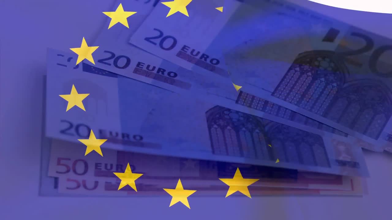 유럽연합  ⁇ 발 위에 떠다니는 유로 지폐의 애니메이션