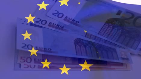 animation of euro bills floating over eu flag waving