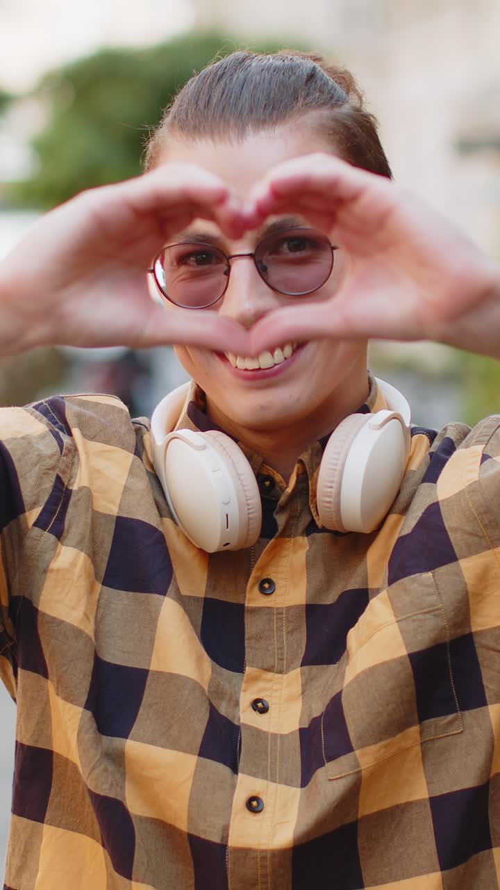 Caucasian young man tourist makes symbol of love showing heart sign to camera on urban city street