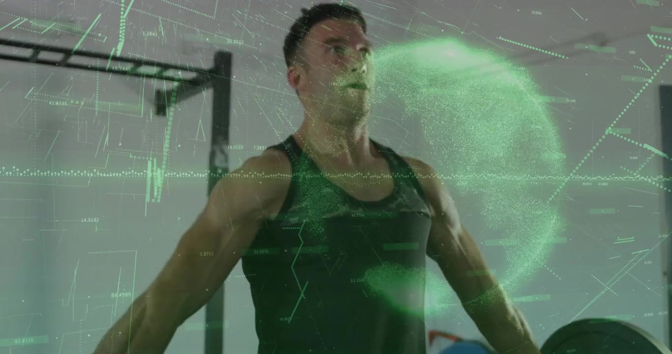 Atleta maschio che entra e inizia un high-pull con bilanciere per dati di fitness con una sovrapposizione a griglia verde.