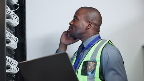 man, data center and phone call in engineering