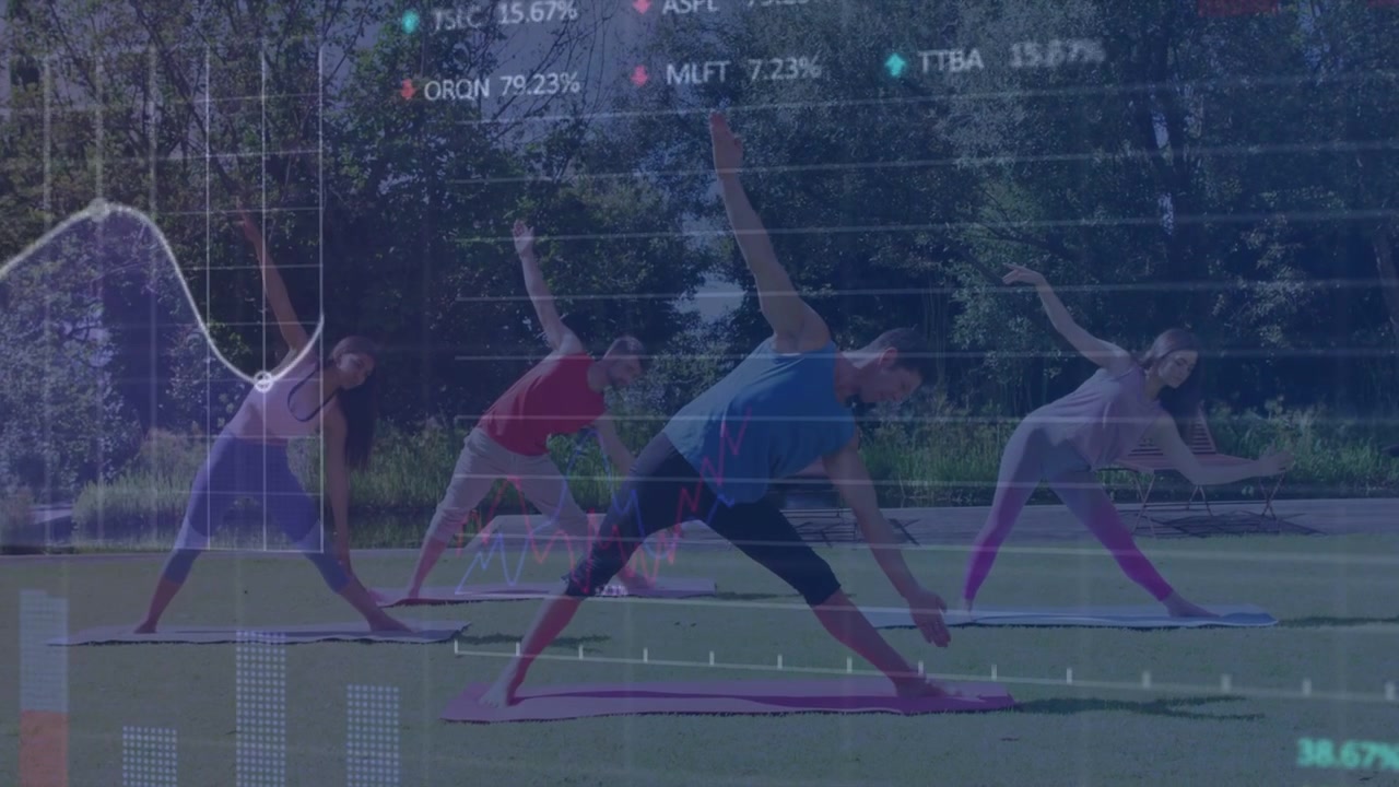 Center leader leading group through yoga flow in park for fitness, data charts growing then fading