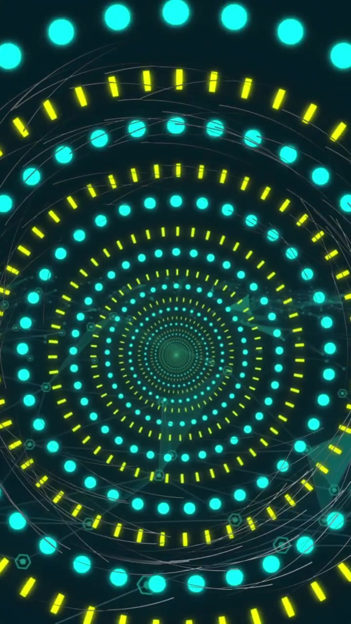 Animazione di forme circolari al neon in motivo continuo su rete di icone digitali