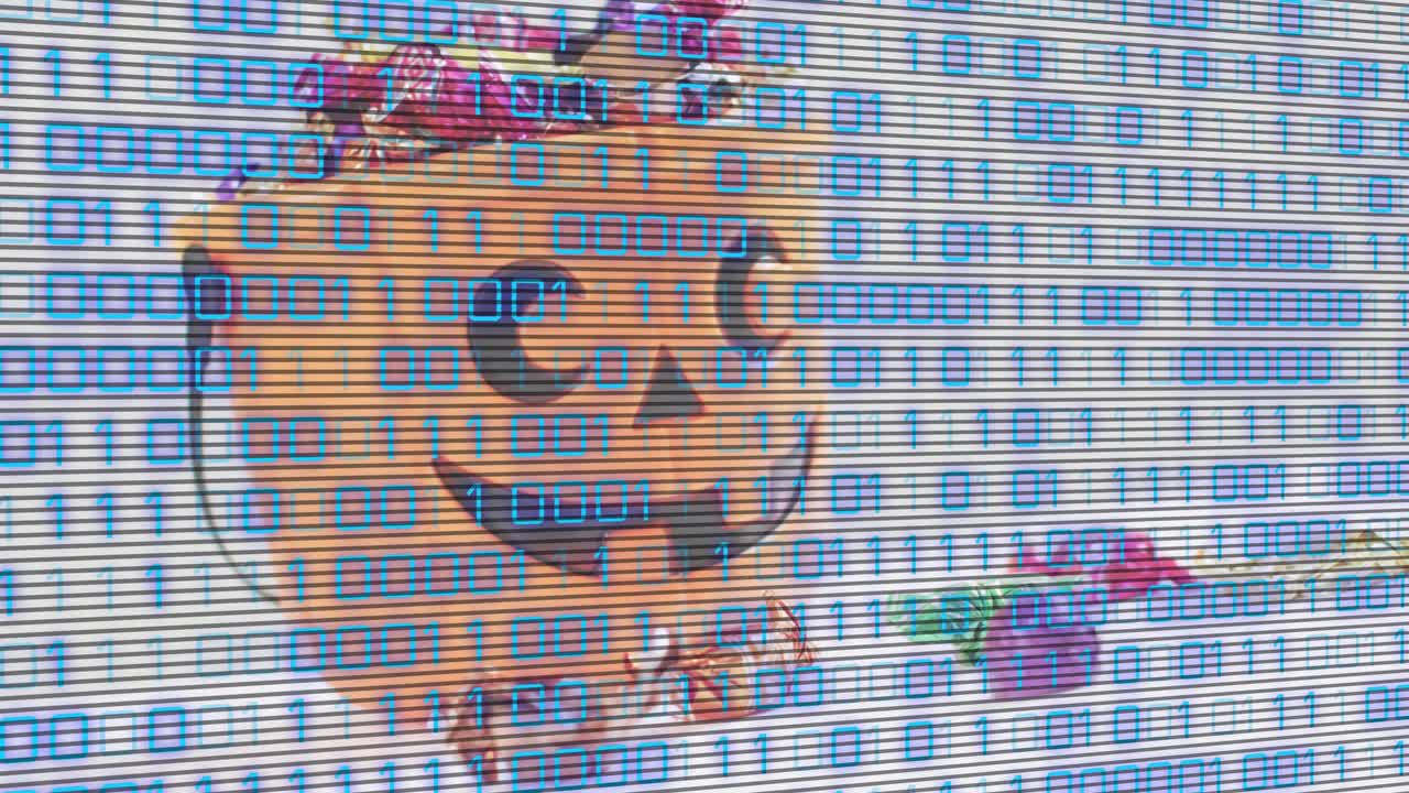Blauwe binaire cijfers die over een oranje kat met een paarse kroon zweven en een glitch-effect vormen bij het opstarten