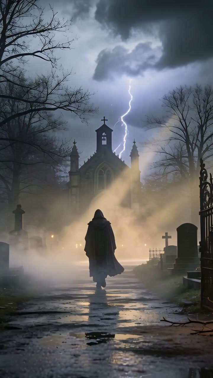 Video verticale: Figura incappucciata che cammina verso una chiesa di pietra attraverso tombe nebbiose, con un lampo.