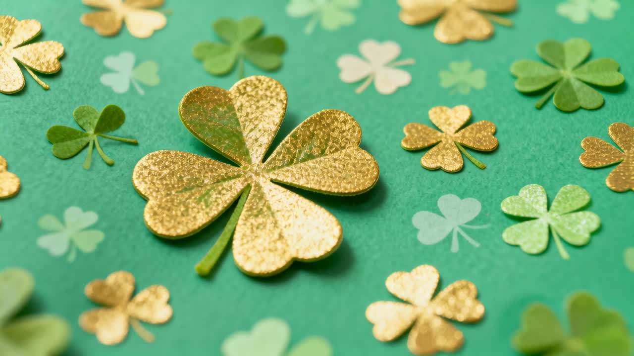 Câmera em movimento ajustando o foco e alternando os destaques em trevo de quatro folhas com glitter dourado sobre papel verde