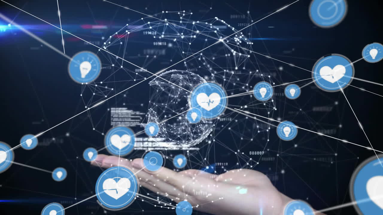 건강 아이콘과 네트워크 연결 애니메이션을 가진 홀로그래픽 글로브를 손으로 들고 있습니다.