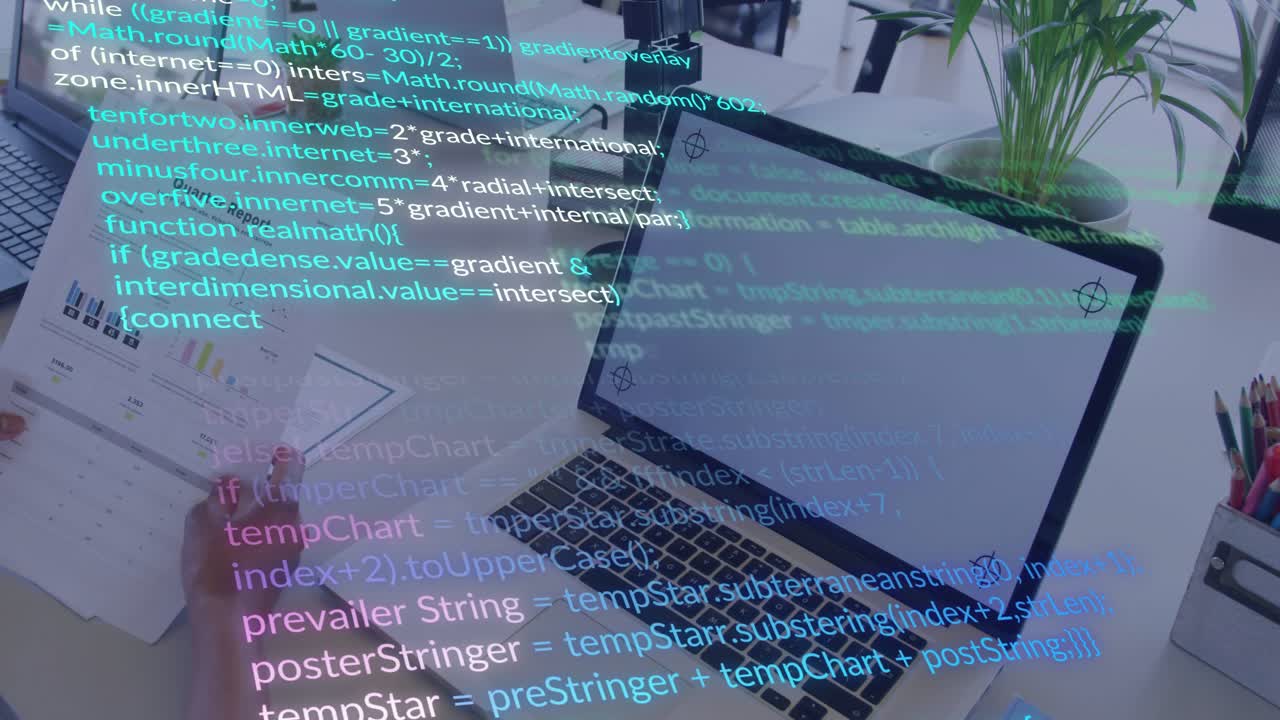 Woman typing and holding printed charts near laptop as code overlay appearing for tech analysis
