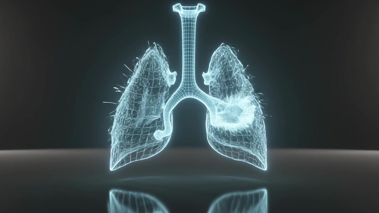 Animazione di polmoni luminosi a wireframe in uno studio buio, con la trachea che scintilla formando una rete e mostrando lesioni.