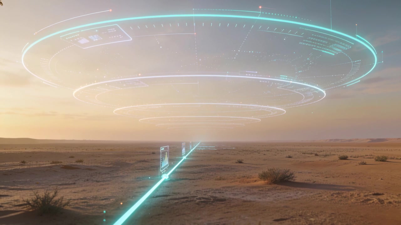 Turquoise beam starting, forming teal rings descending in desert to form platform with data panels