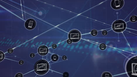 Animation of phone and laptop icons connected with lines on abstract background