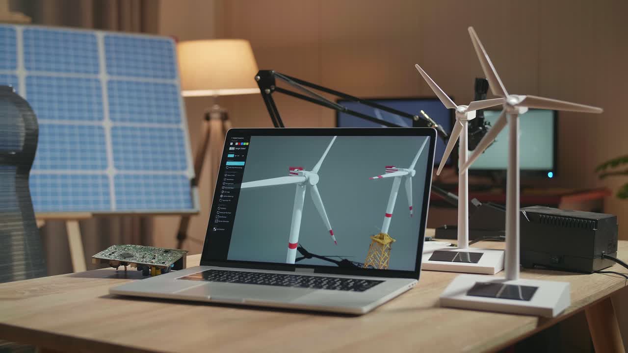 portátil que muestra la turbina eólica en la mesa al lado de la célula solar en la oficina