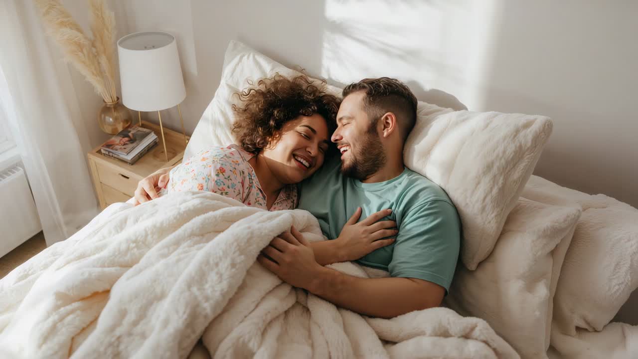 Leaning couple sharing looks showing affection in bed under cream blanket woman wearing floral top