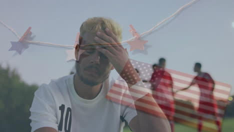holding forehead, man with american flag overlay, animation of people in background