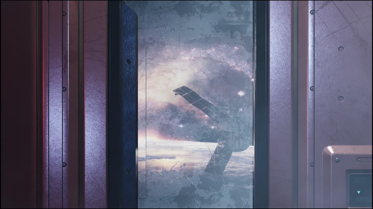 primer plano de la niebla corredor espacial futurista con una vista de la luna y el satélite de comunicaciones. animación 3d zoom en