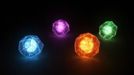 A mesmerizing display of vibrant, glowing gems radiating a spectrum of colors in a dark background, showcasing their intricate designs and luminous properties