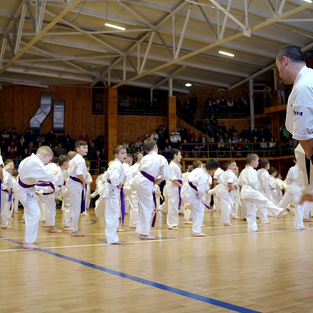 Male karate coach shows the moves with legs to his numerous trainees. Young sportsmen repeat the exercise after the trainer
