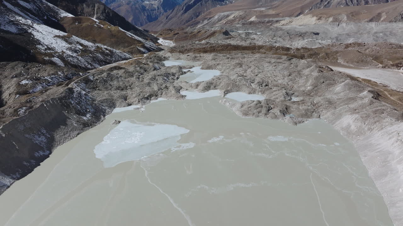 Imágenes aéreas deslizándose sobre el lago Imja congelado en la región del Everest de Nepal, revelando el impresionante pico Chola bajo un cielo claro del Himalaya.