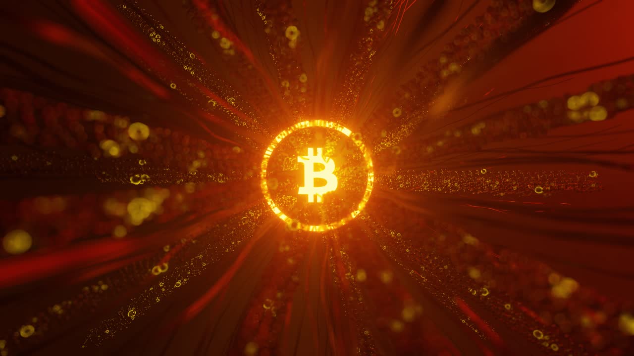 3D animation rendering of bright orange glowing bitcoin