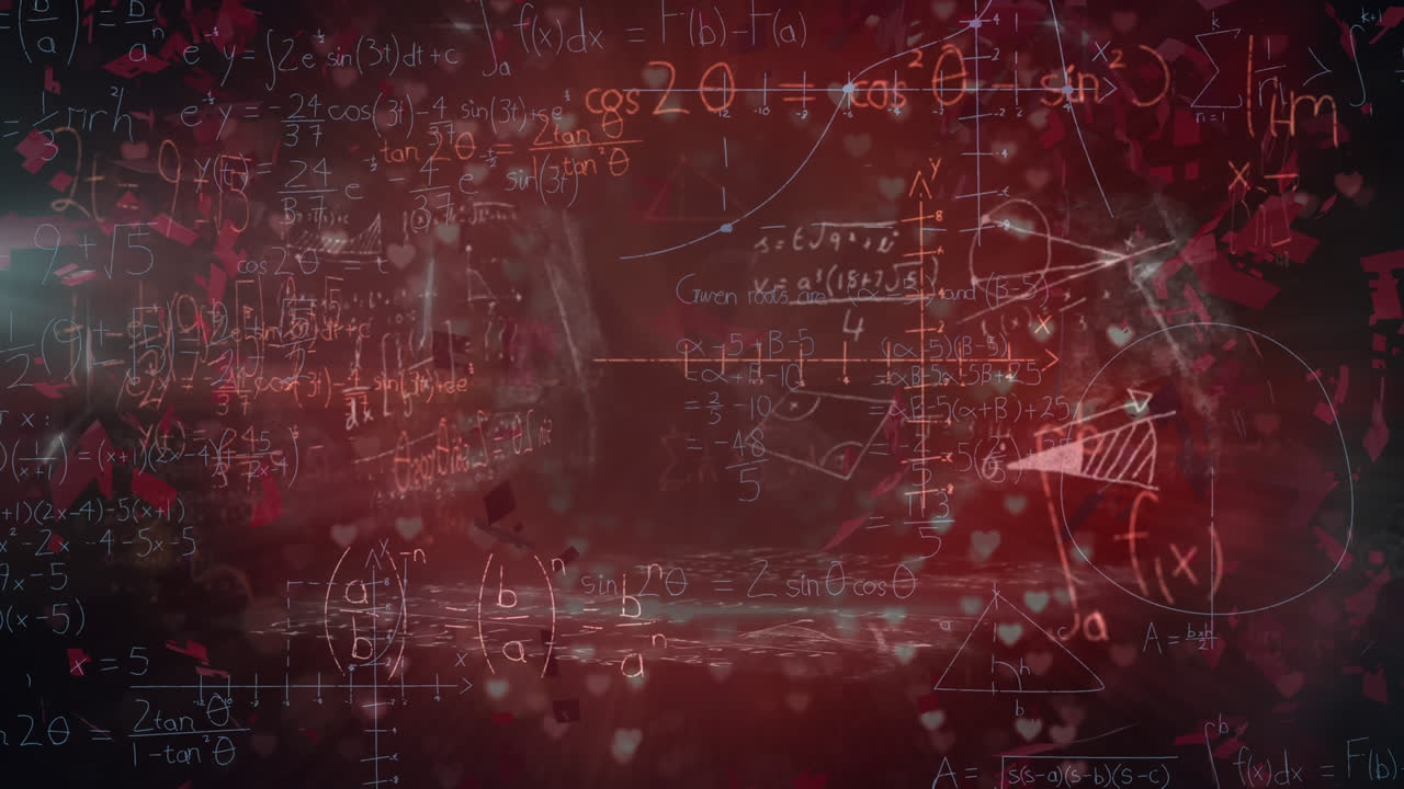 animación de ecuaciones matemáticas sobre un corazón sobre un fondo rojo