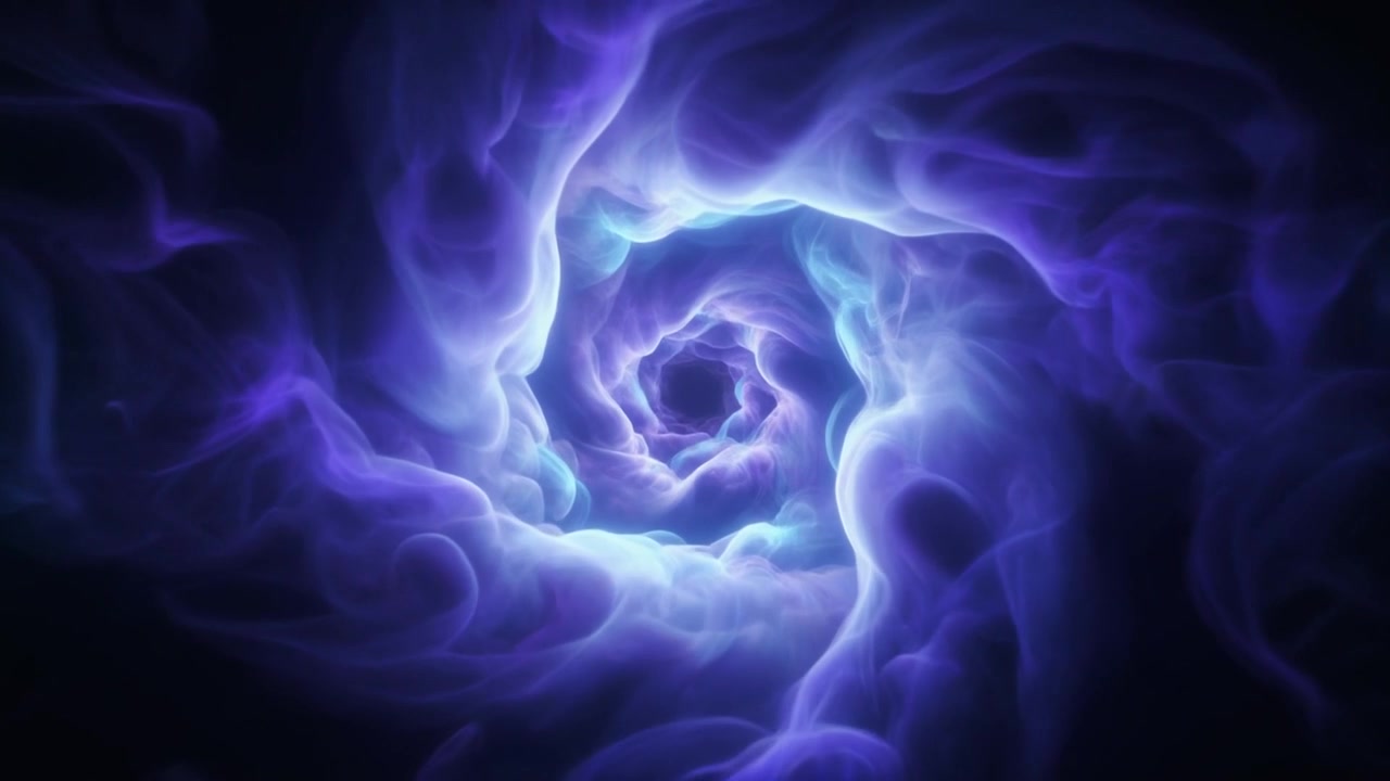 Tunnel astratto di fumo blu e viola vorticoso