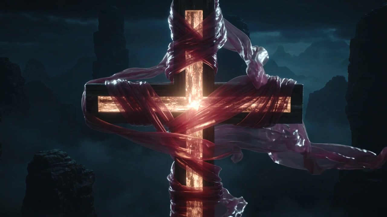 Drifting ribbon from light wind wrapping glowing wooden cross in foggy canyon, brightening core