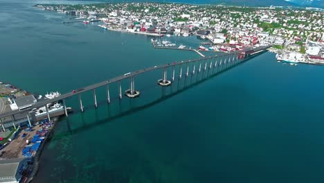 Bridge-of-city-Tromso,-Norway-Aerial-footage