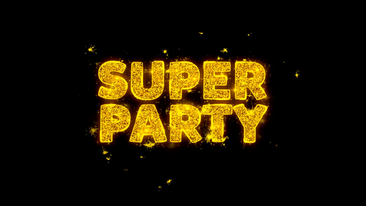 el texto de la súper fiesta hace chispas en el fondo negro.