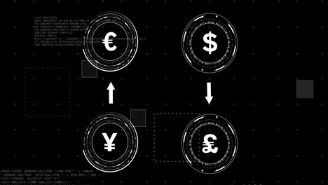 Animación-De-Iconos-De-Moneda-Con-Procesamiento-De-Datos-Sobre-Fondo-Negro