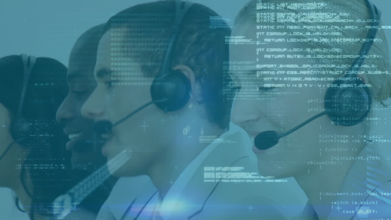 Animated multi-ethnic call center workers with headsets in a digital office setup.
