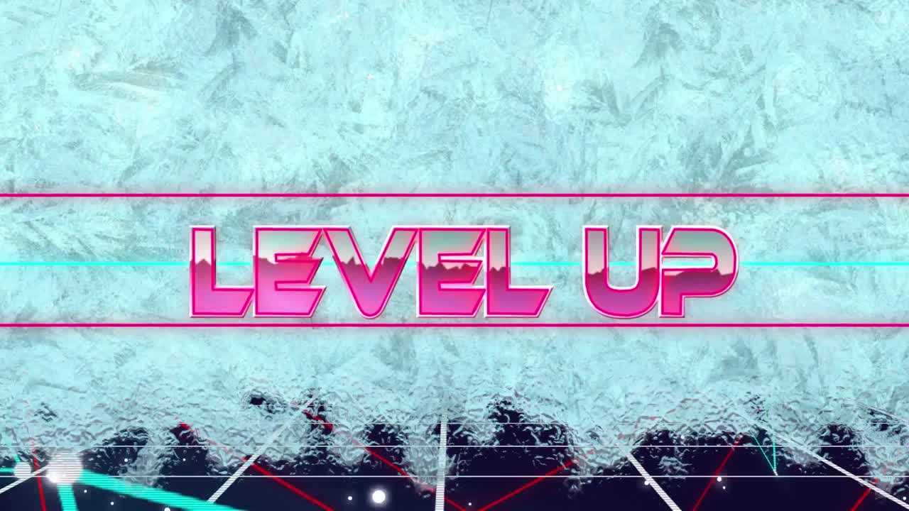 격자 네트워크에서 레벨 업 텍스트 배너와 삼각형 모양에 대한 동결 효과의 애니메이션