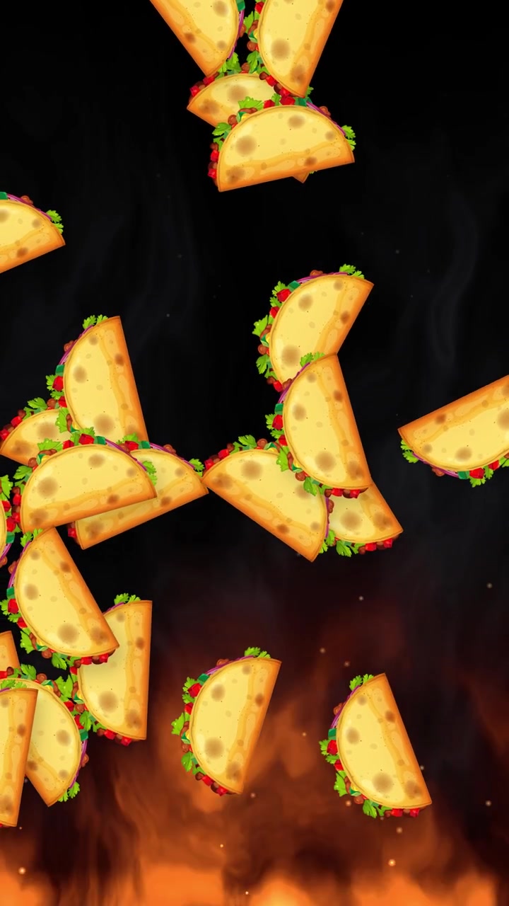 Tacos a cartone animato piovono contro fiamme e fumo che salgono in una motion graphic verticale
