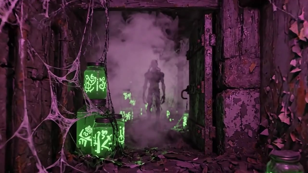 Un pasillo oscuro y espeluznante lleno de frascos verdes brillantes, telarañas y una figura sombría acechando a lo lejos, creando una atmósfera de suspense y misterio