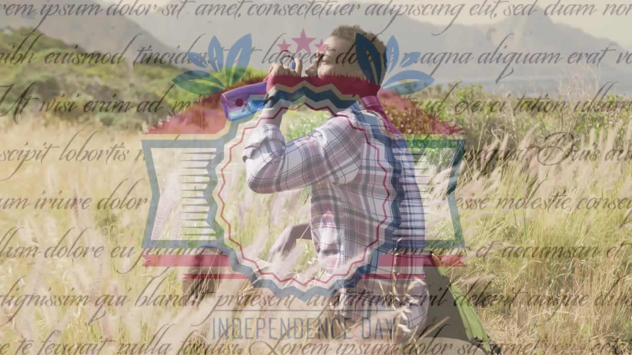 animación del texto del día de la independencia sobre un hombre afroamericano sentado y bebiendo agua