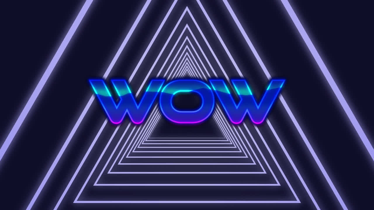 빛나는 삼각형의 터널 위에 와우 파란 텍스트의 애니메이션