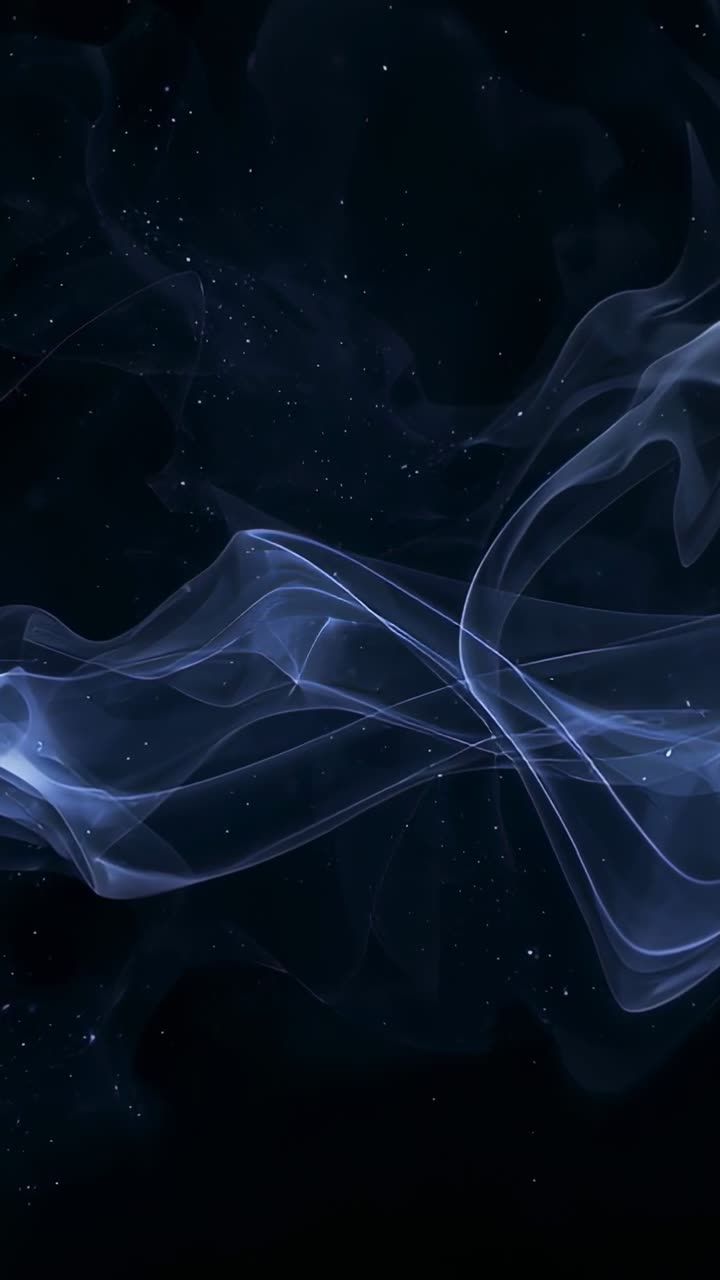 Vertical video: Starting motion, blue-white ribbons rippling across dark space with stars, calming