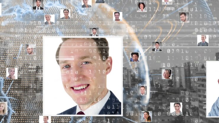 Animation of diverse people icons and data processing over cityscape