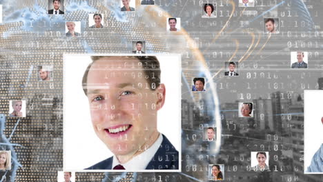 animación de diversos iconos de personas y procesamiento de datos sobre el paisaje urbano