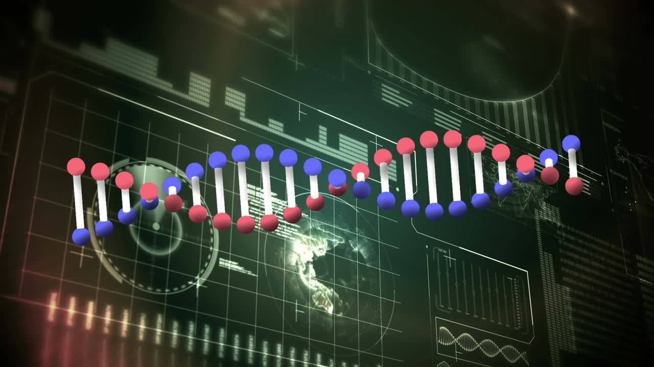 animación de la cadena de adn girando la interfaz con la información y el procesamiento de datos