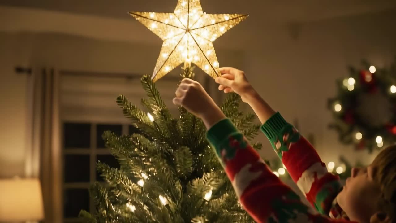 Festive video scene of a child decorating a Christmas tree, captured from a side angle