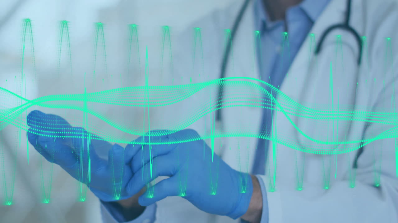 Doctor wearing gloves with heartbeat waveform animation over hands