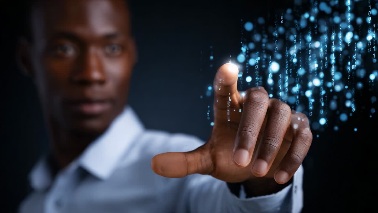 A Man Reaches Out with Extended Hand to Manipulate Digital Data Represented by Glowing Blue Binary Code Particles in a Darkened Background, Symbolizing Technology and Innovation in the Modern Era