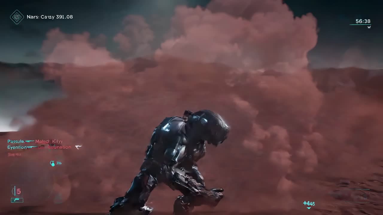 guerrero blindado cargando a través del paisaje marciano de color óxido, pateando densas nubes de polvo contra el cielo rojo ardiente, encarnando altas apuestas atmósfera de batalla de ciencia ficción